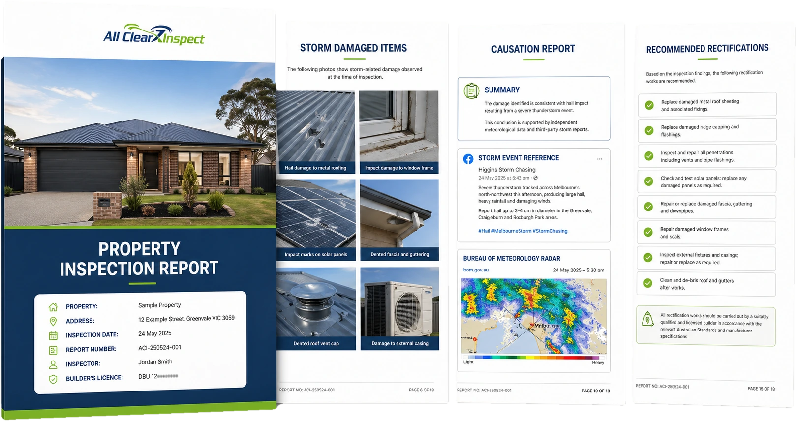 Sample All Clear Inspect property inspection report showing the cover page, storm damaged items, causation report and recommended rectifications